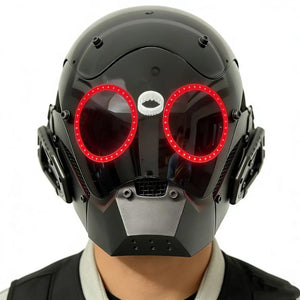 Black cyberpunk mask with twin red LED ring eyes and side canisters