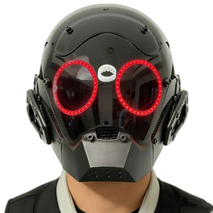 Black cyberpunk mask with twin red LED ring eyes and side canisters