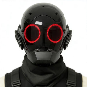Black cyberpunk mask with twin red LED ring eyes and side canisters