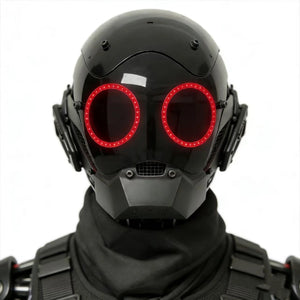 Black cyberpunk mask with twin red LED ring eyes and side canisters