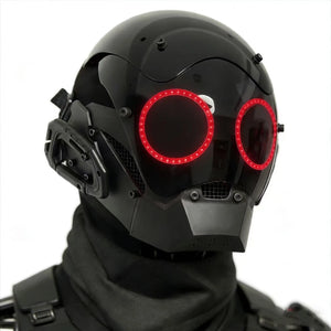 Black cyberpunk mask with twin red LED ring eyes and side canisters
