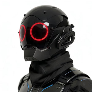 Black cyberpunk mask with twin red LED ring eyes and side canisters