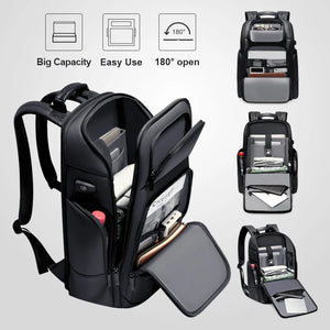 Black hardshell backpack with an external USB charging port and a 17 inch laptop sleeve