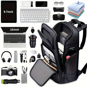 Black hardshell backpack with an external USB charging port and a 17 inch laptop sleeve