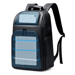 Black hardshell backpack with an external USB charging port and a 17 inch laptop sleeve