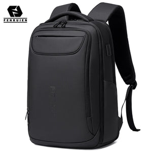 Black backpack with a USB 3.0 port on the side and a slim profile