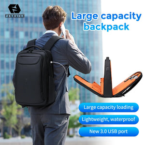 Black backpack with a USB 3.0 port on the side and a slim profile