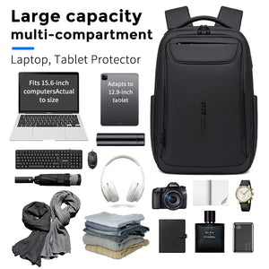 Black backpack with a USB 3.0 port on the side and a slim profile