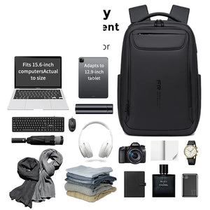 Black backpack with a USB 3.0 port on the side and a slim profile