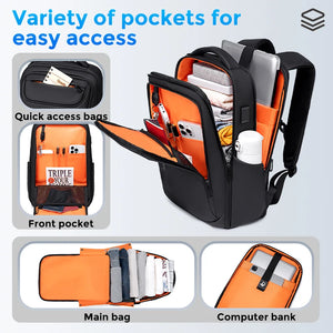 Black backpack with a USB 3.0 port on the side and a slim profile