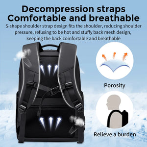 Black backpack with a USB 3.0 port on the side and a slim profile