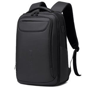 Black backpack with a USB 3.0 port on the side and a slim profile