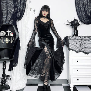 V-neck Long Goth Velvet Dress