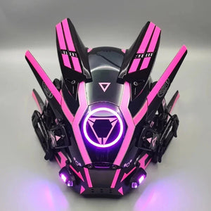 Futuristic helmet with pink and black design on a gray background