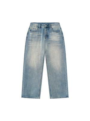 Vintage wash baggy jeans laid flat from the front in full length, relaxed wide legs and a straight hem