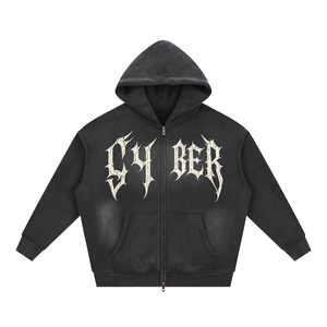 Black colourway laid flat and zipped, gothic CYBER lettering printed across the chest