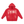 Red colourway laid flat, the print sitting high on the chest above the two slash pockets