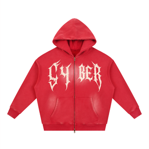 Red colourway laid flat, the print sitting high on the chest above the two slash pockets