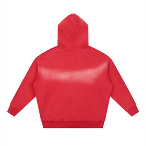 Back of the red hoodie, plain, the wash fading the shoulders towards a lighter centre