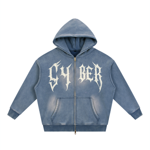 Haze blue colourway laid flat, the same lettering printed over a faded indigo ground