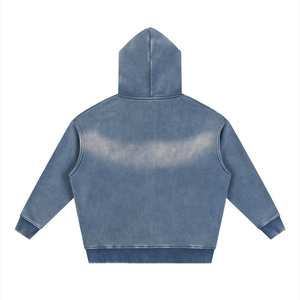 Back of the blue hoodie, unprinted, showing the boxy body and its ribbed hem band