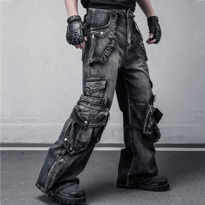 Black washed wide leg Y2K jeans in cotton