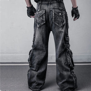 Black washed wide leg Y2K jeans in cotton