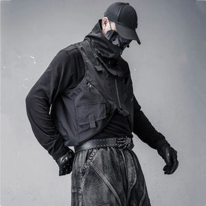 Black webbing tactical techwear vest with multiple pockets