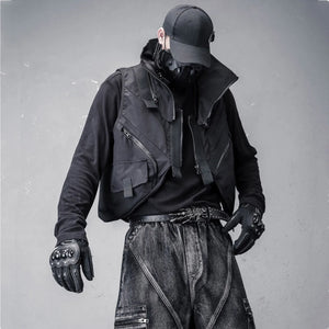 Black webbing tactical techwear vest with multiple pockets