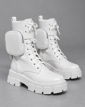 White Ankle Boots Platform worn with jeans, side zip pouch and lace-up front