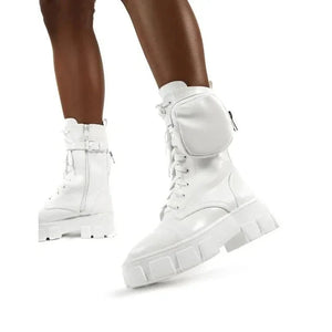 White Ankle Boots Platform in matte white PU Leather with side zip pouch, lace-up front and chunky lug sole