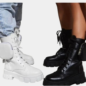 White Ankle Boots Platform worn with jeans, side zip pouch and lace-up front