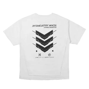 White t-shirt with black geometric design and text on a white background