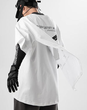 Person wearing a white jacket with branding on a light gray background