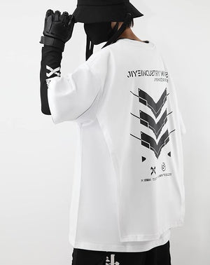 Person wearing a white long-sleeve shirt with black graphics and text on a white background