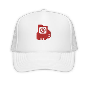 White Dribble Trucker Hat - product view on white background