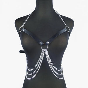 Goth PU Leather suspender Waist Harness Chain — women's black faux-leather goth chain accessory