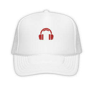 White Headphone Trucker Hat - product view on white background