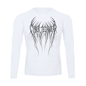 White colourway laid flat from the front, CYBER TECHWEAR in black lettering that drips like roots