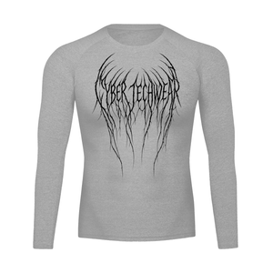 Flecking gray colourway laid flat from the front, the black thorn lettering spreading over the chest