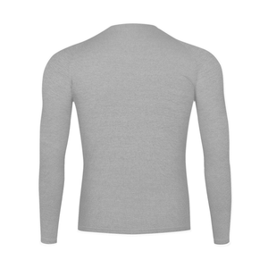 Back of the flecking gray shirt laid flat, plain, the heathered knit running from collar to hem