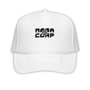 White Mega Corp Trucker Hat - product view on white background