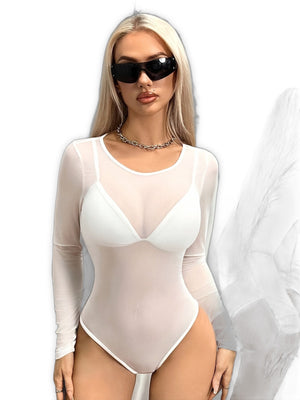 White Mesh Long Sleeve Bodysuit - product view on white background