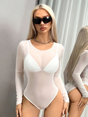 White Mesh Long Sleeve Bodysuit