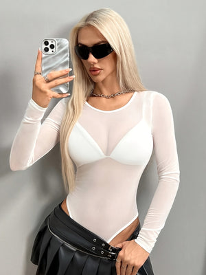 White Mesh Long Sleeve Bodysuit