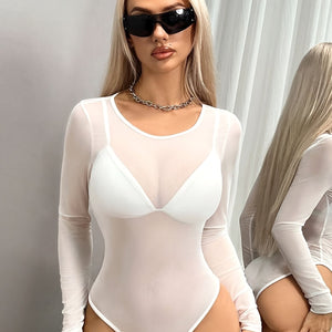 White Mesh Long Sleeve Bodysuit