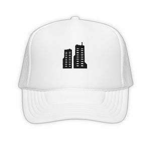 White Neo City Trucker Hat - product view on white background