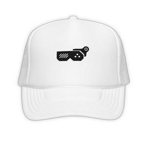 White Netrunner Trucker Hat - product view on white background