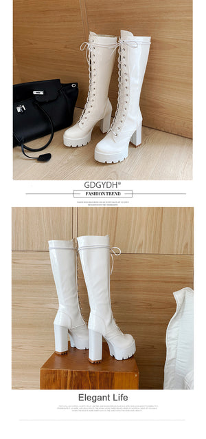 White Platform Boots Womens Leather