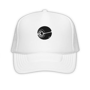 White Surveilance Trucker Hat - product view on white background